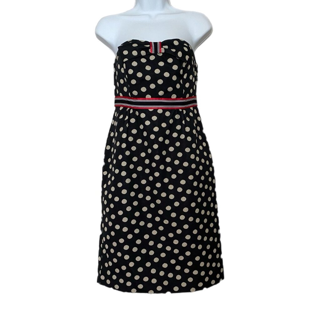Maeve Anthropologie Polka Dot Black White Red Bow Trim Strapless Lined Dress Sz2